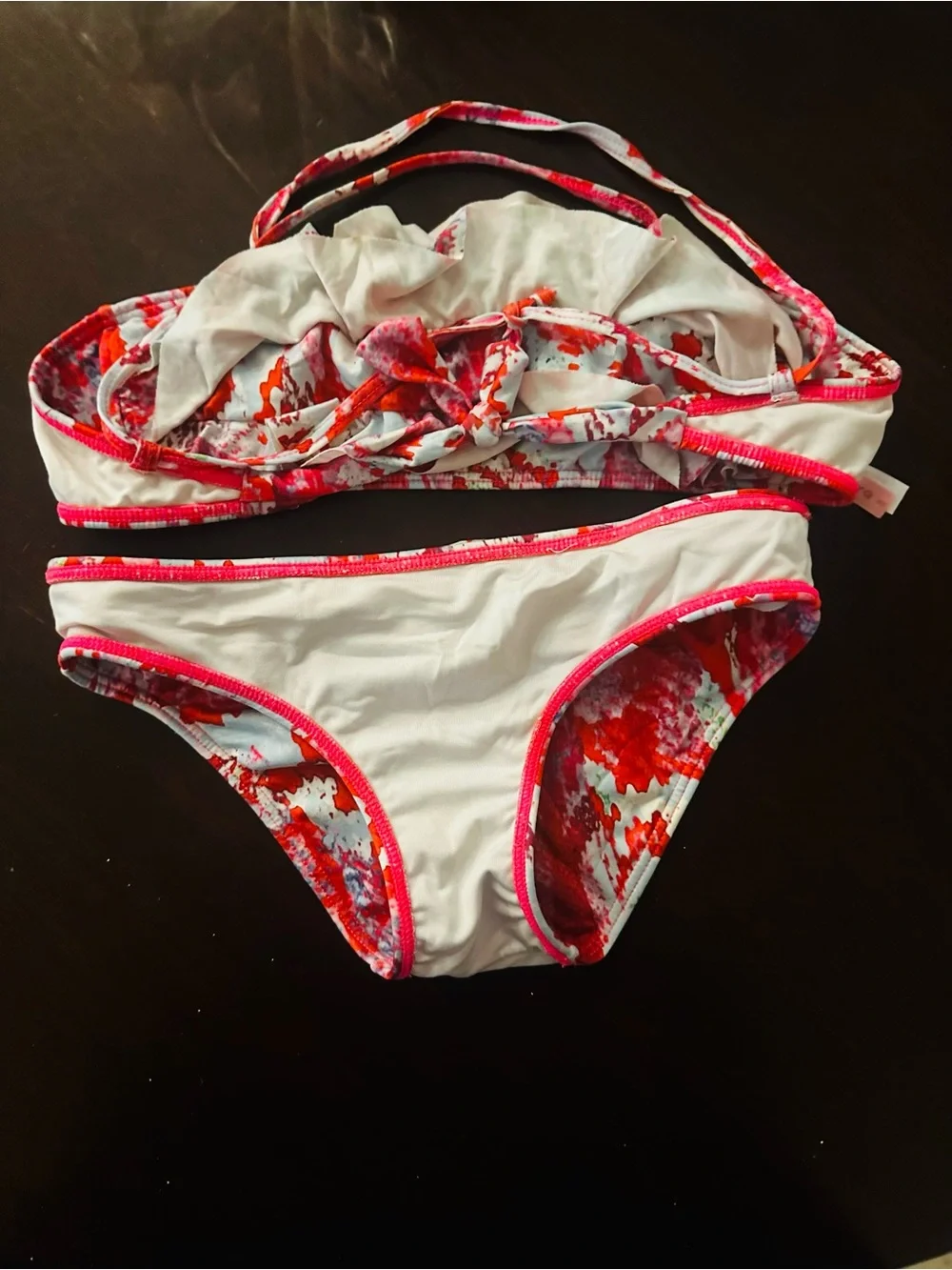 Girl’s PilyQ Ruffled Two-Piece Bikini in Red & White Abstract Print